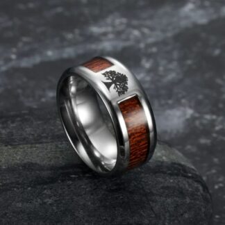 Handcrafted Stainless Steel Celtic Tree Of Life And Wood Inset Ring