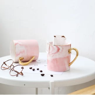 Low Moq Nordic Design Pink / Grey Color Mug Marble Tea Coffee Ceramic Mug With Golden Handle