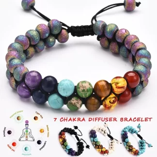 7 Chakra Beads Lava Rock Gemstone Bracelet 8mm Double Layer Row Adjustable Unisex Yoga Stone Energy Healing Stone Bracelets