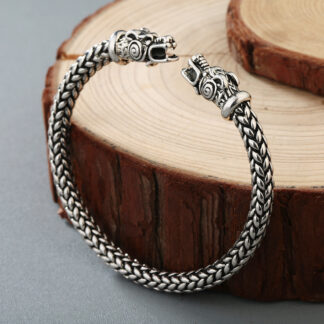 Handcrafted Stainless Steel Grey Wolf Head Torc Bracelet