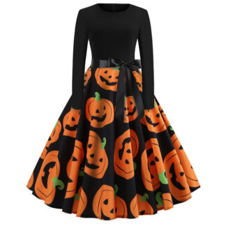 Halloween Pumpkin/ Skeleton Print Long Dress