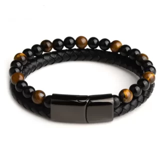 Tiger Eye Beads Men's Leather Bracelet Stainless Steel Magnetic Buckle Leather Black Bracelet