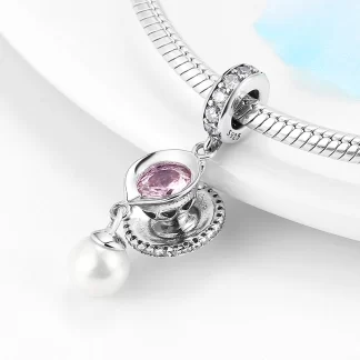 Real 925 sterling silver Pink CZ cup & Pearl Fine Pendant Beads Charms for Bracelets women jewelry Wholesale