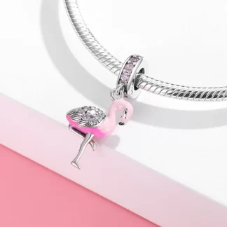 Real 925 sterling silver Elegent Flamingo Enamel pink with clear zircon fine Pendant Charms for Bracelets jewelry custom logo