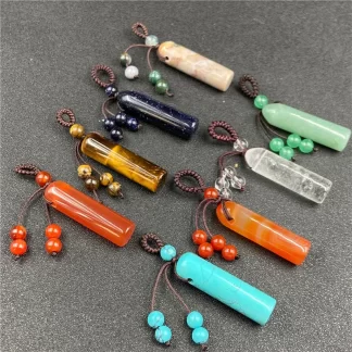 Natural Crystal Cylinder Pendant Keychain Good LuckyCube Gemstone Woven Friendship Charms for women Men Bags