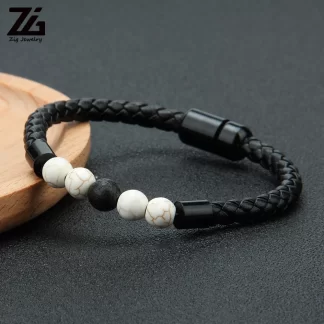 Fashion Elegant Black Lava Tiger Eye Bead Leather Bracelet Men